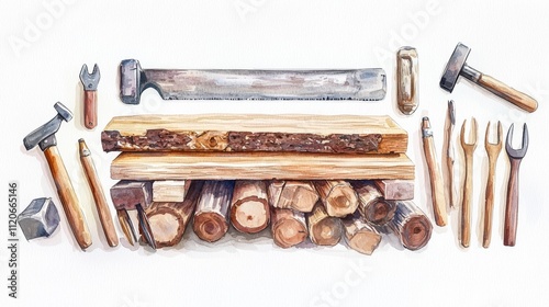An arrangement of various woodworking tools and logs, perfect for showcasing craftsmanship and hobbyist projects.