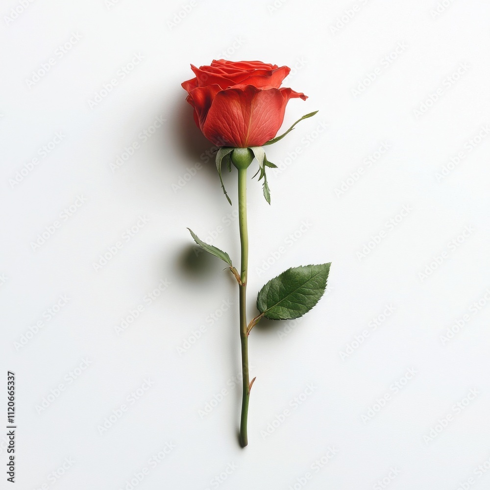 Obraz premium Single red rose with green leaves on a white isolated background.