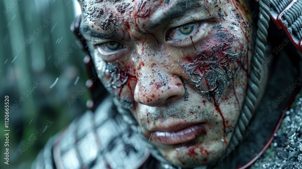 Close-up of a Wounded Samurai Warrior in the Rain Close-up of a Wounded Samurai Warrior in the Rain