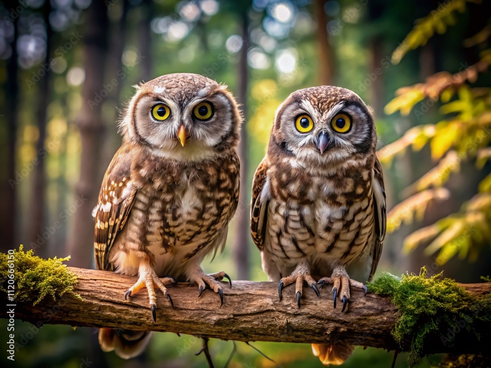 A stunning image of two owls perched on a tree branch, framed by a softly blurred natural backdrop, highlighting the beauty of wildlife in a forest habitat.