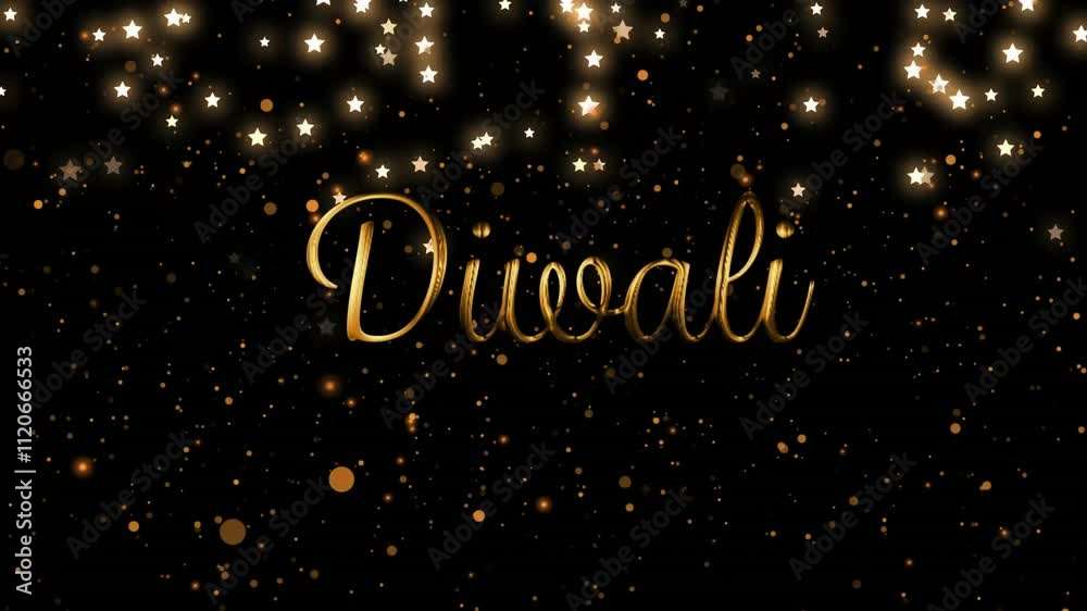 Diwali text with sparkling stars and golden particles animation on black background