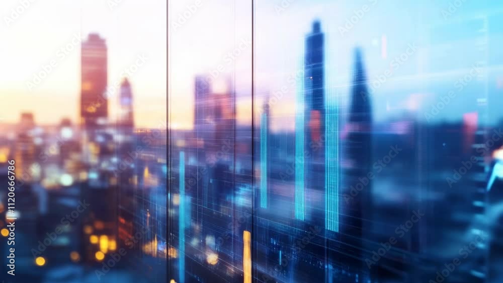Sunset view of a modern city skyline with digital data overlay effects