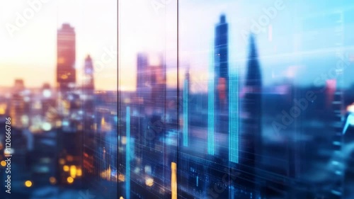 Sunset view of a modern city skyline with digital data overlay effects
