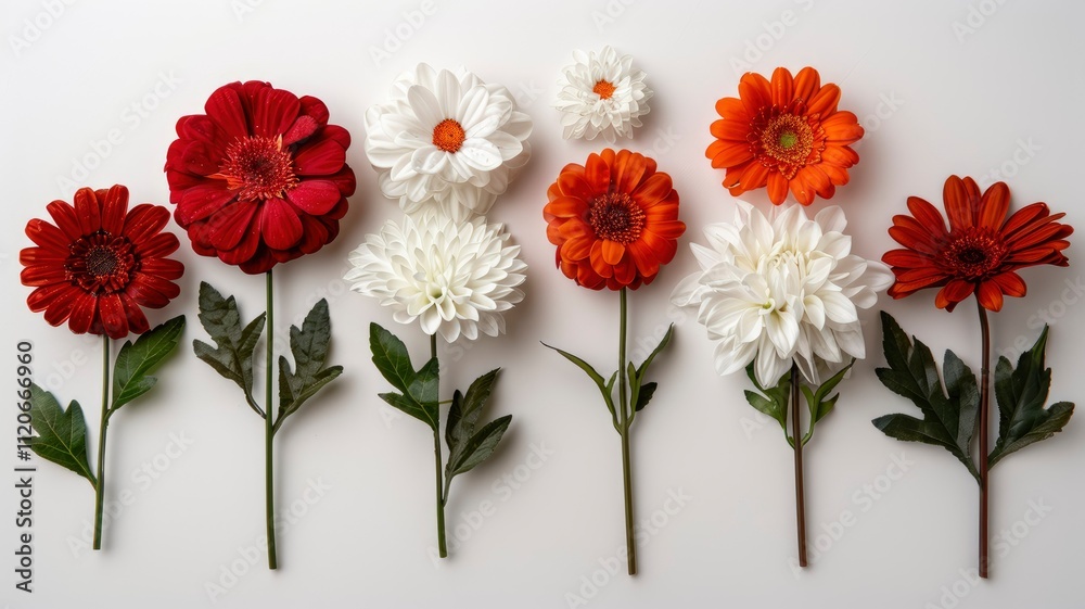 Obraz premium Vibrant Floral Arrangement Red, Orange, and White Flowers in a Row