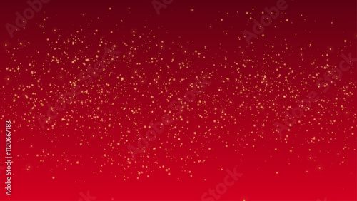 Gold glitter particles on red background. Golden lights flare abstract vector illustration. Explosion sparkle in space.  Shimmering backdrop for Christmas or New Year designs.