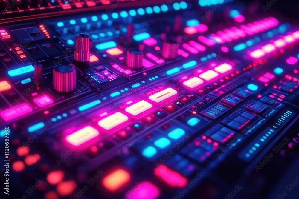 Vibrant sound mixing console with blue and pink lights during live night music performance Vibrant sound mixing console with blue and pink lights during live night music performance