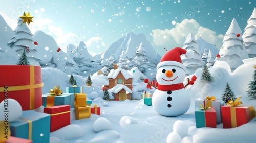 Snow man and gifts flat design front view North Pole theme 3D photo