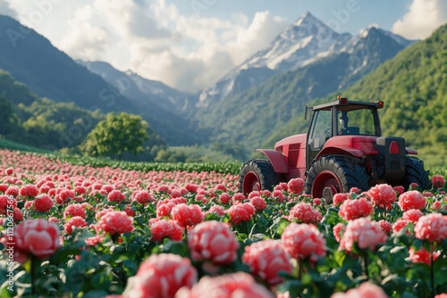 Fototapeta Naklejka Na Ścianę i Meble -  Tractor harvesting peonies in a scenic mountain valley flower field agricultural landscape vibrant nature environment