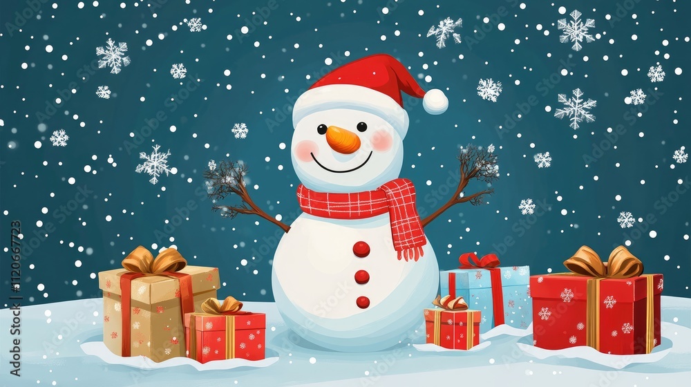 Snow man and gifts flat design front view North Pole theme 3D