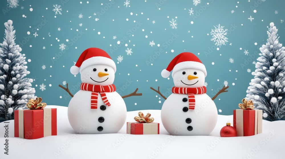 Snow man and gifts flat design front view North Pole theme 3D Snow man and gifts flat design front view North Pole theme 3D