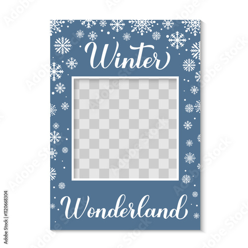 Winter Wonderland photo booth frame with transparent background. Christmas holidays party photobooth props. Vector template.