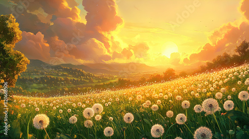 A vibrant sunset over a vast field filled with dandelion puffs, illuminating the landscape with warm golden hues. The sky is adorned with fluffy clouds that transition from soft pink to deep orange, r photo