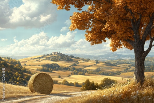 Harvesting beautyautumn landscape with hay bales in rolling hills countryside serenity scenic viewpoint nature's splendor photo