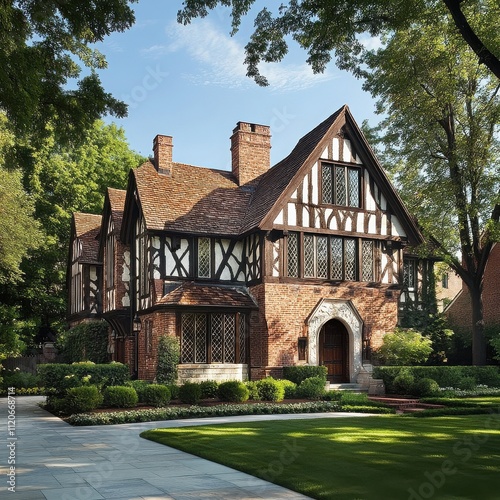 Tudor Revival Home: Majestic brick Tudor-style house with half-timbering, surrounded by lush greenery and a meticulously manicured lawn.