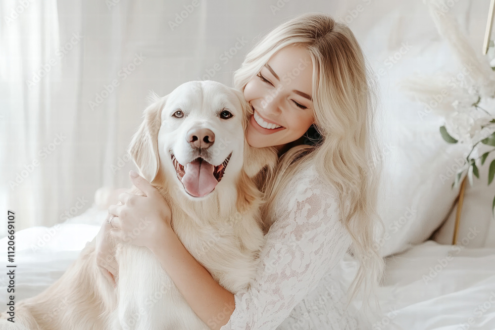A woman is hugging a dog on a bed A woman is hugging a dog on a bed
