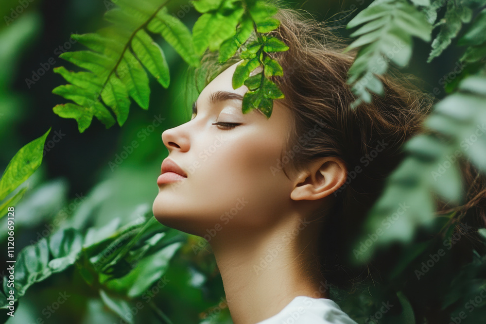 A woman is sitting in a lush green forest, looking up at the sky A woman is sitting in a lush green forest, looking up at the sky
