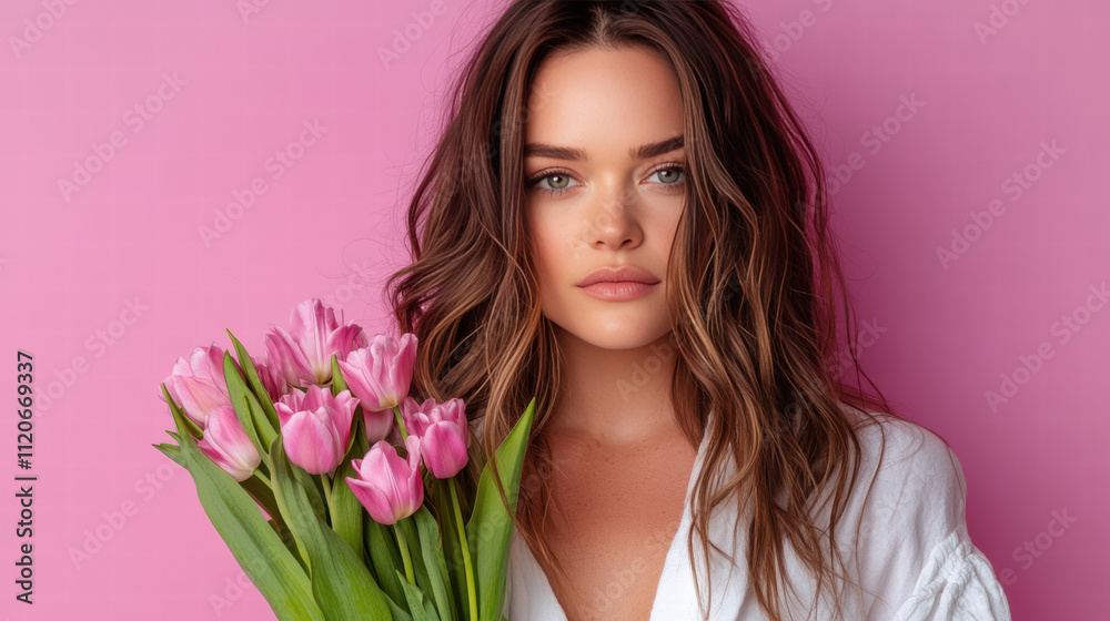 A woman with long brown hair is holding a bouquet of pink flowers A woman with long brown hair is holding a bouquet of pink flowers