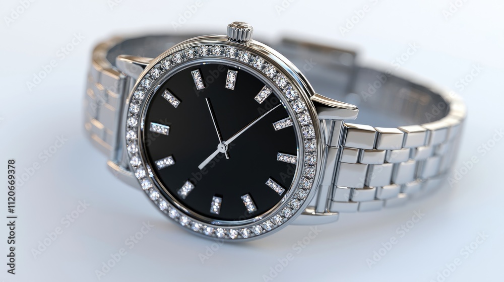 Elegant silver wristwatch with a black face and diamond-like embellishments. Elegant silver wristwatch with a black face and diamond-like embellishments.