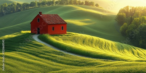 Vibrant Red House in Serene Countryside Landscape with Rolling Hills and Tranquil Pathway photo