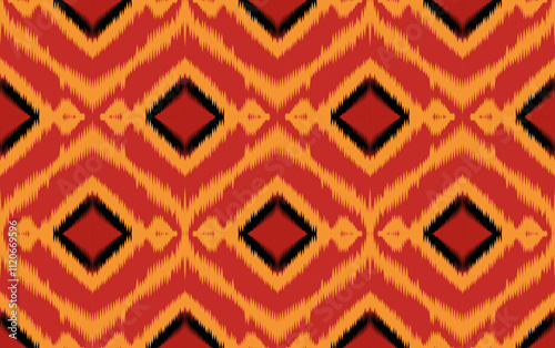 Ikat style ethnic art vector illustration, geometric pattern in red, yellow and black tones for backgrounds, designs, textiles, fashion, decorations, rugs, pillowcases.