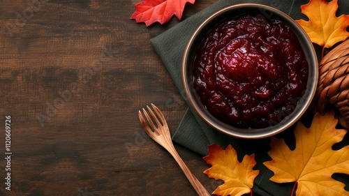 Cranberry Sauce in Bowl with Autumn Leaves and Wooden Fork on Rustic Wooden Background