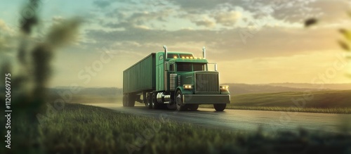 Truck driving on an asphalt road in a rural landscape. Green truck pulling a semi-trailer on a blurred background photo