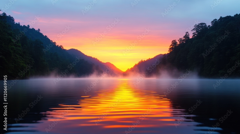 Serene sunset over a misty lake surrounded by lush mountains. Serene sunset over a misty lake surrounded by lush mountains.