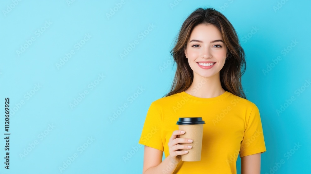 Young woman smiling while holding a coffee cup against a blue background. Young woman smiling while holding a coffee cup against a blue background.