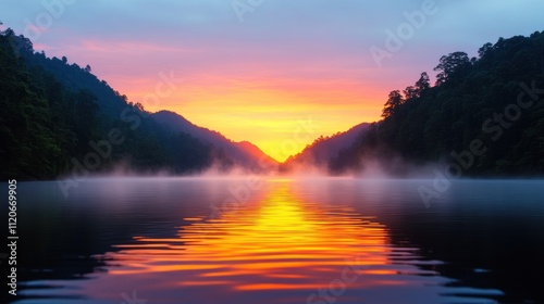 Serene sunset over a misty lake surrounded by lush mountains.