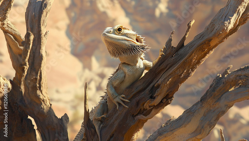 bearded dragon basking on dry tree branch in desert landscape, showcasing its textured scales and alert posture under warm sunlight