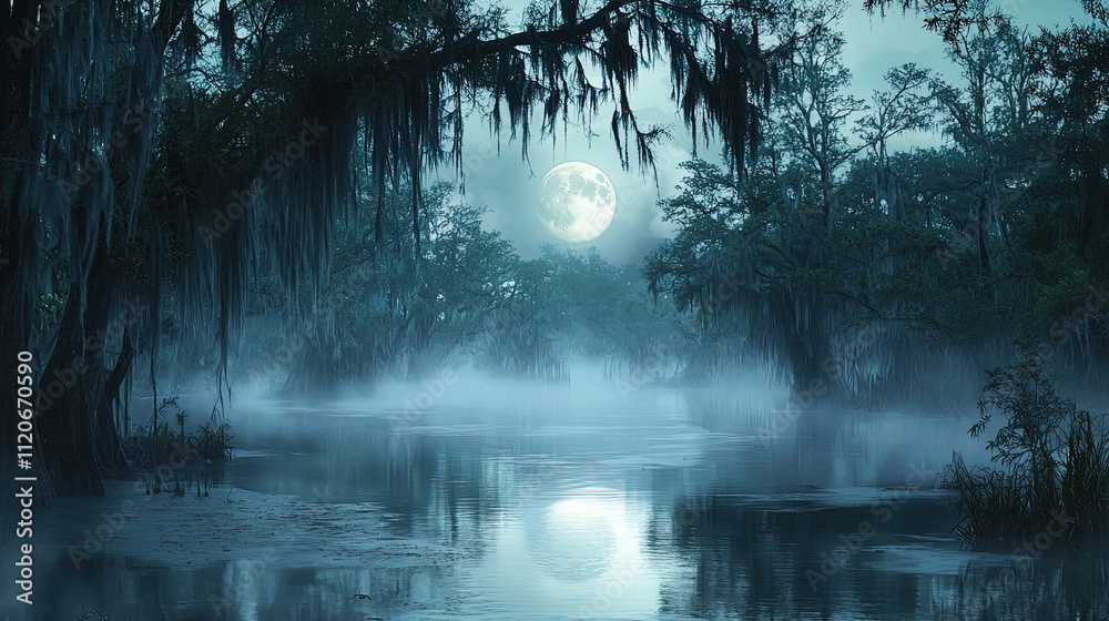 The scene captures a hauntingly beautiful landscape of a swamp or marsh at night, illuminated by a full moon. Ethereal fog blankets the water, creating a mysterious atmosphere. Tall trees draped in Sp The scene captures a hauntingly beautiful landscape of a swamp or marsh at night, illuminated by a full moon. Ethereal fog blankets the water, creating a mysterious atmosphere. Tall trees draped in Sp