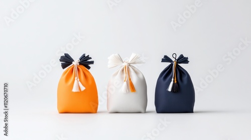 Three decorative fabric bags in orange, white, and navy.