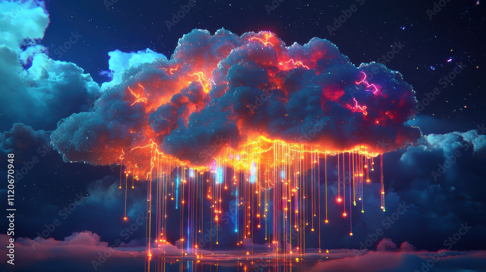 Fototapeta premium Bright holographic cloud with vibrant colors and glowing raindrops, creating magical atmosphere in night sky