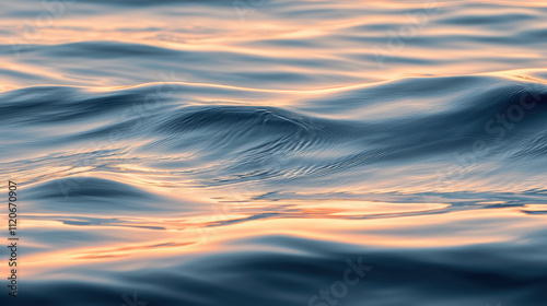 Gentle ocean waves reflect soft colors at sunset, creating serene atmosphere