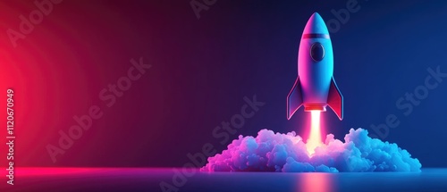 Illustration of rocket taking off, startup concept, background with neon lights