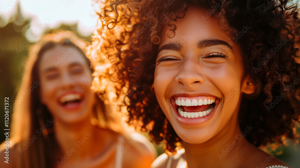 Mixed-race woman laughing at a joke with a friend. Mixed-race woman laughing at a joke with a friend.