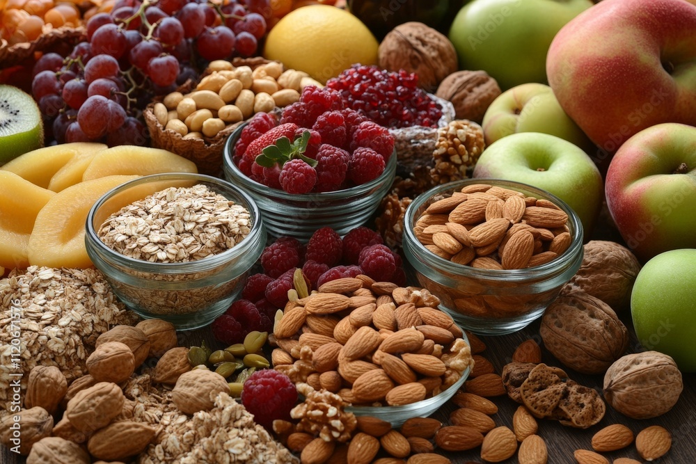 Healthy snack options like nuts, fruits, and seeds on a table, showcasing balanced nutrition Healthy snack options like nuts, fruits, and seeds on a table, showcasing balanced nutrition
