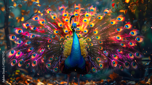 In a magical forest, a majestic peacock proudly showcases its colorful plumage, shimmering with exotic beauty. Its a serene display of wildlife splendor and artistic fantasy