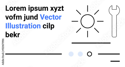 Sun icon, wrench, text blocks, horizontal lines, and dots in blue and black colors. Ideal for websites, infographics, instructions, repairs, tools, energy, and minimalism Landing page