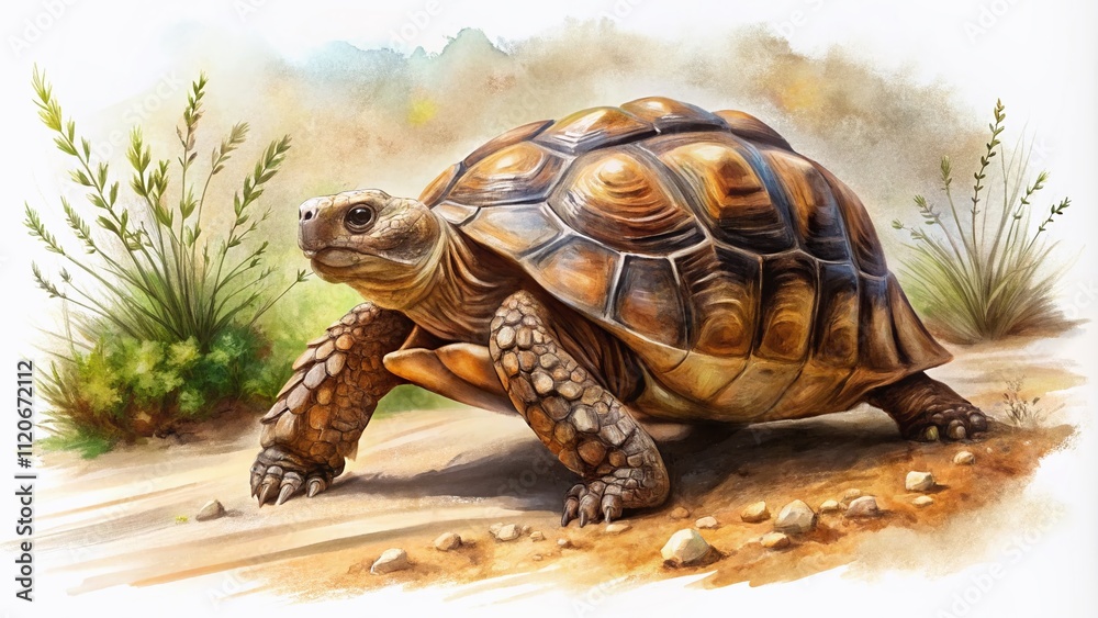 Obraz premium A vibrant watercolor illustration of a rustic desert tortoise, showcasing rich earth tones against a pristine white background, capturing the beauty of desert wildlife.