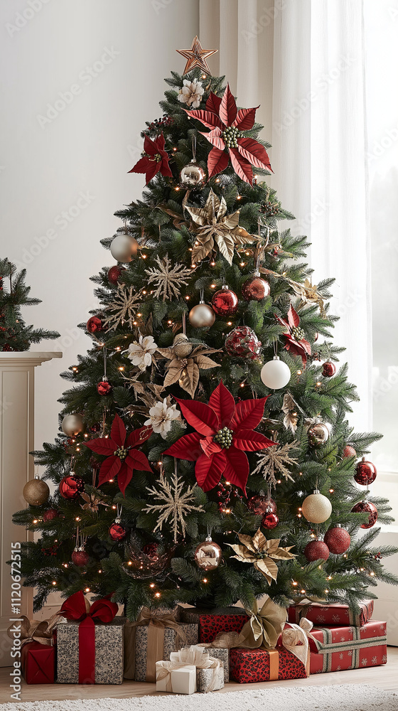 decorated christmas tree, christmas tree with gifts and decorations, christmas tree with stars