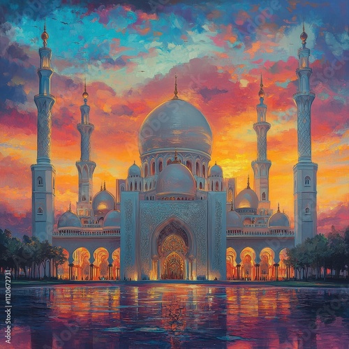 Sheikh Zayed Grand Mosque at Sunset: A majestic architectural masterpiece silhouetted against a vibrant sky, its intricate details reflecting in the calm waters of the reflecting pool.