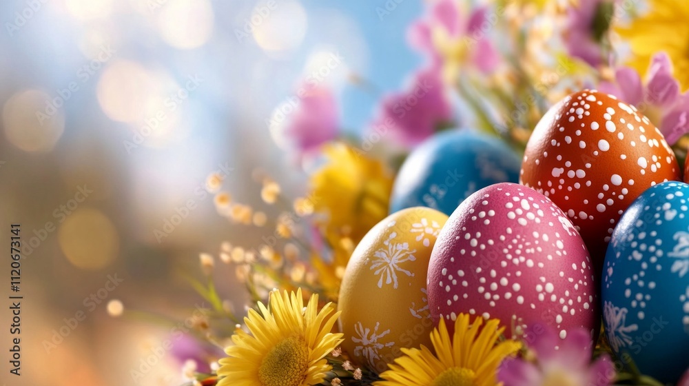 A colorful arrangement of painted Easter eggs nestled among spring flowers, with a soft blurred background and warm light bokeh. A colorful arrangement of painted Easter eggs nestled among spring flowers, with a soft blurred background and warm light bokeh.