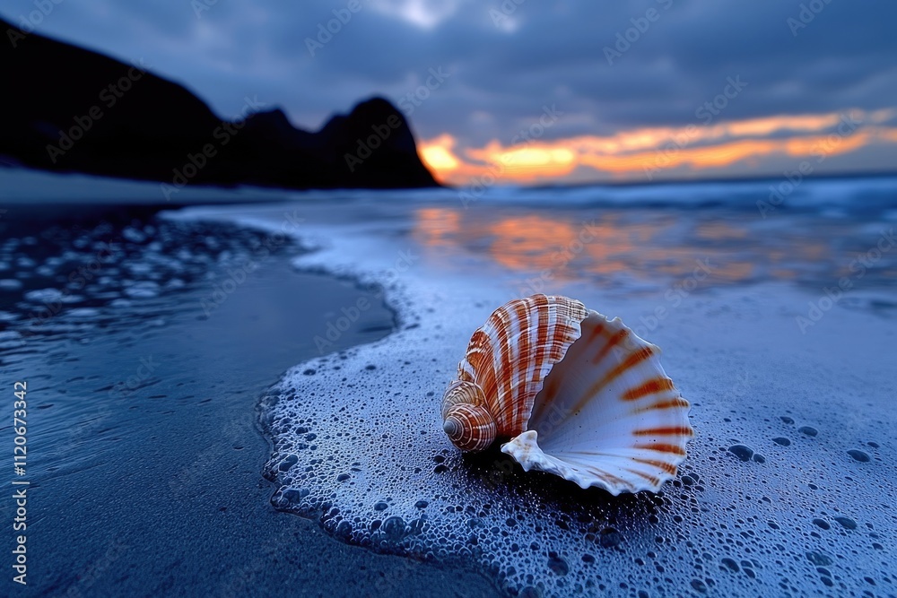 Conch Shell: delicate seashell, beach setting, tranquil ambiance, coastal beauty, sandy shore, peaceful sound, natural ornament, oceanic charm, serene atmosphere, captivating ocean view