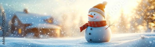 A cute snowman standing in the white snowy landscape