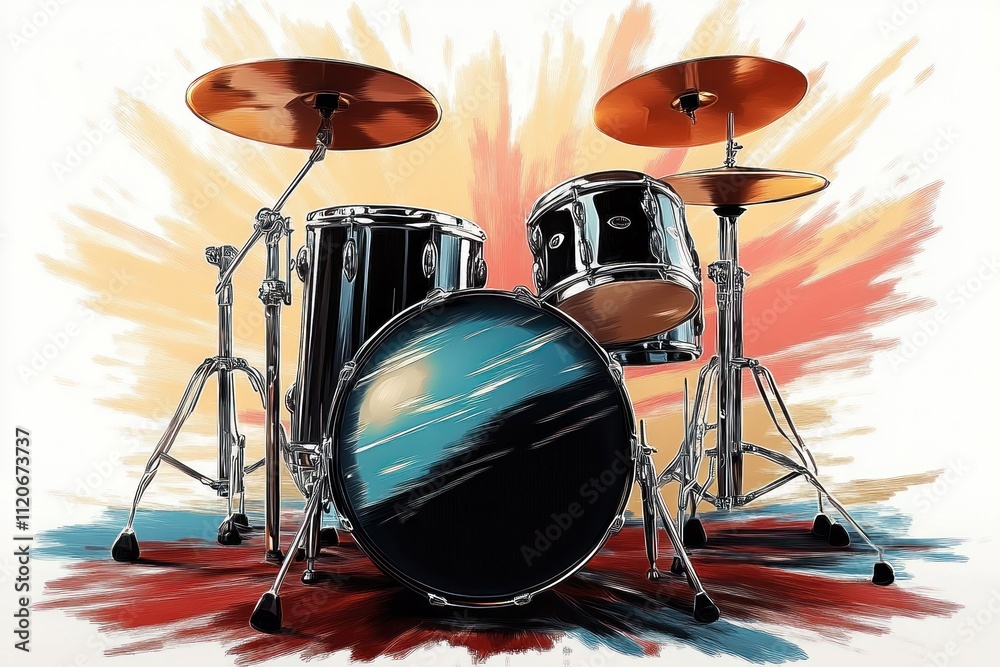 Stylized Drum Set Illustration in Pop Art Style with Bold Colors and Dynamic Lines Stylized Drum Set Illustration in Pop Art Style with Bold Colors and Dynamic Lines