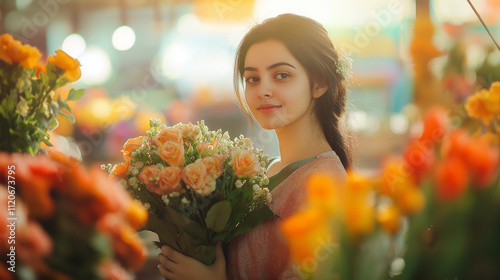 female florist holding bouquet and standing at flower shop blur background photo