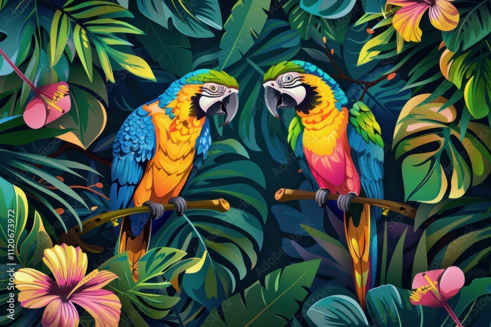 Obraz premium Tropical parrots, lush greenery, vibrant colors, summer vibes, wildlife concept, nature background with exotic flowers and leaves, colorful tropical scene with two parrots
