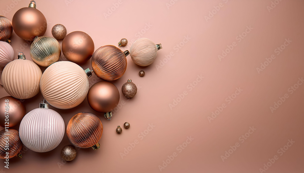 Elegant arrangement of bronze and pink christmas ornaments on a soft background, mocha mousse color Elegant arrangement of bronze and pink christmas ornaments on a soft background, mocha mousse color