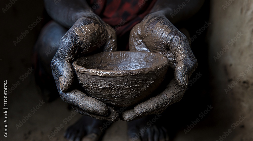 Obraz premium Close-up of hands holding a small, wet, clay bowl.